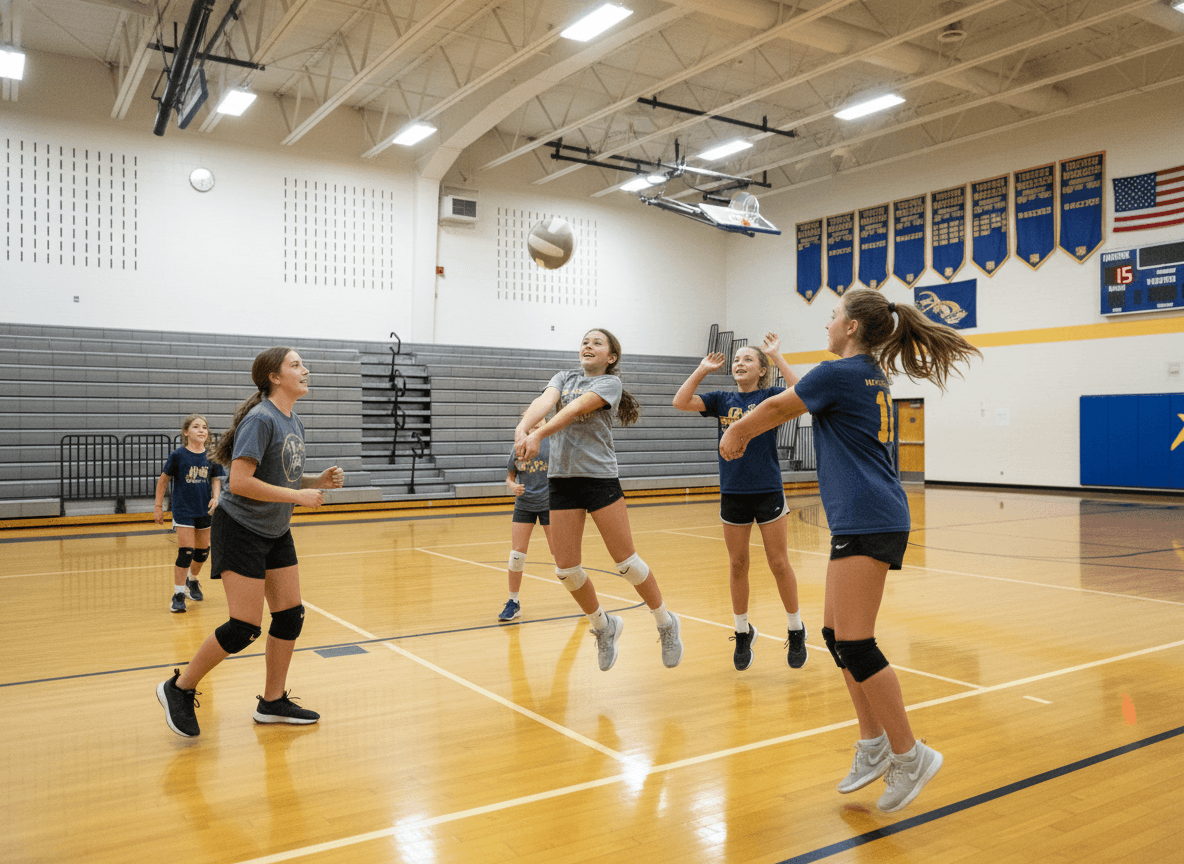 Students playing volleyball in gym