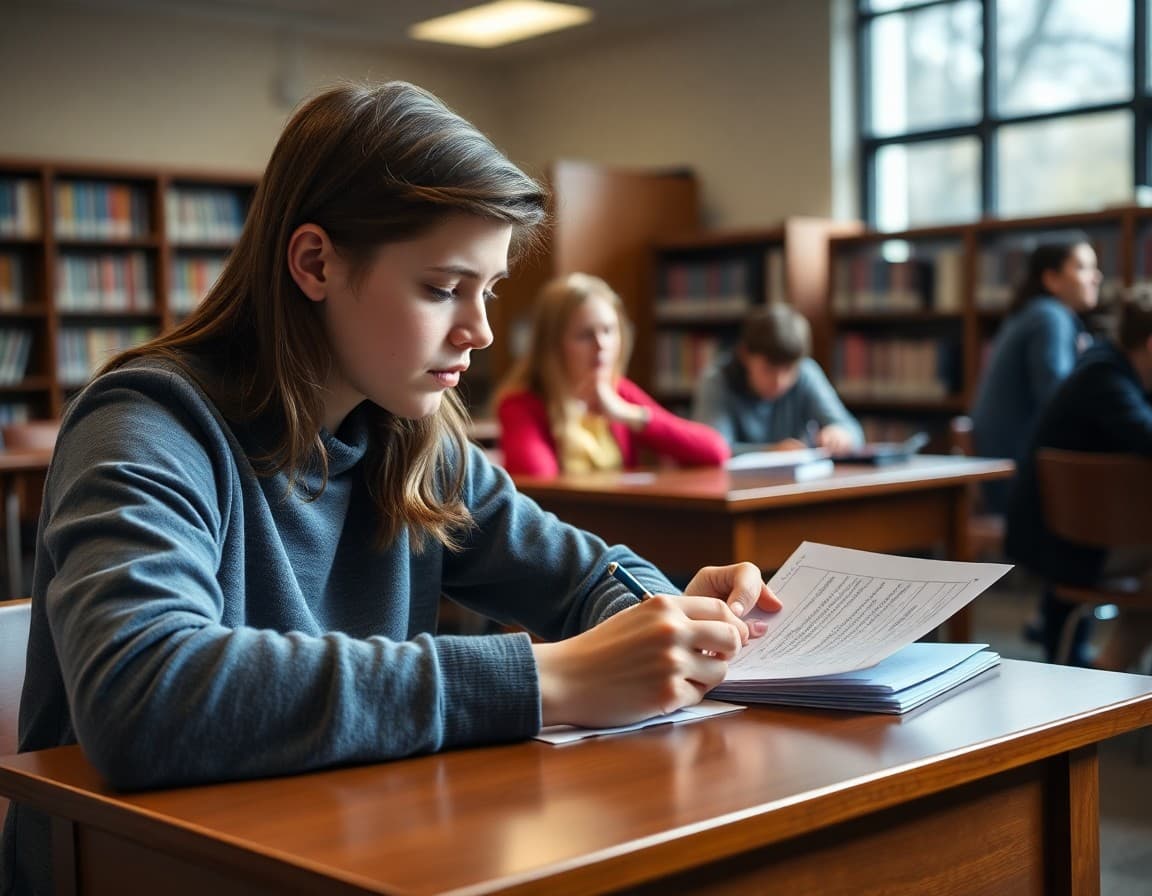 High school senior completing scholarship application form at desk in school library