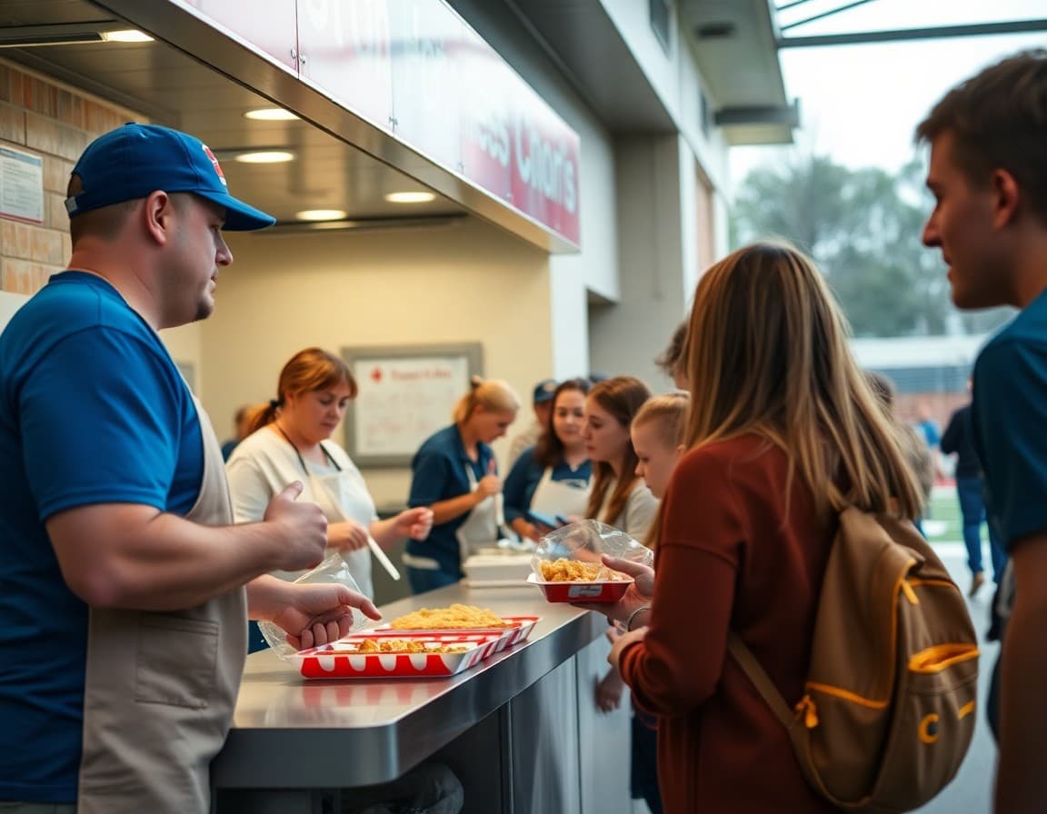 High school booster club concession stand with volunteers serving food to students and families at a game