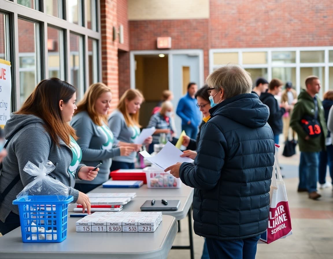 Volunteers at booster club fundraising table collecting donations outside school event