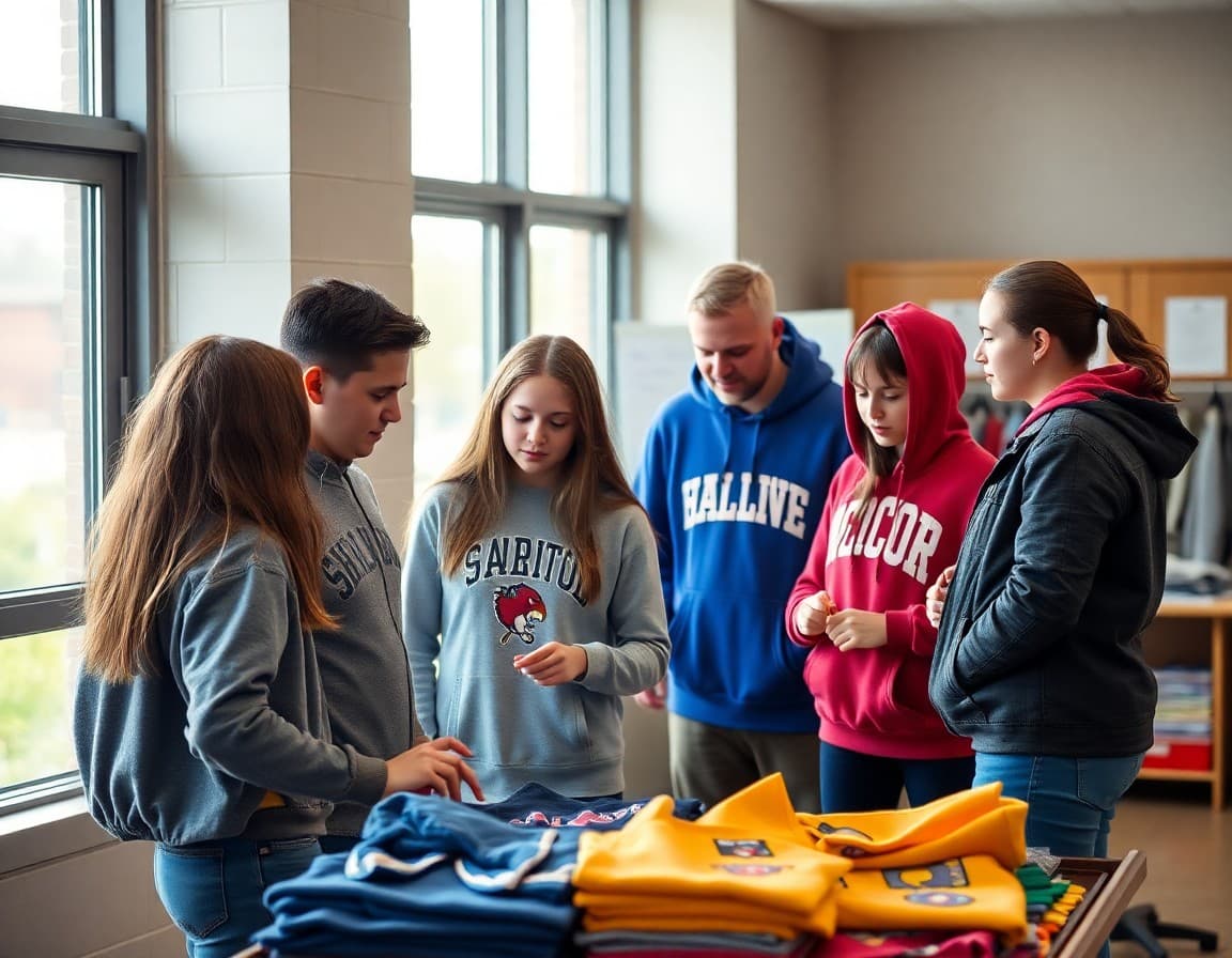 Students and parents browsing school spirit wear items including t-shirts and hoodies