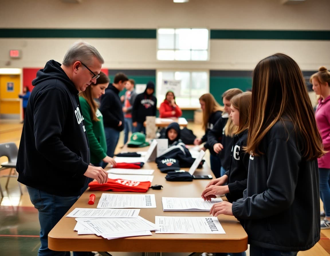 Spring sports booster club table with merchandise and sign-up sheets at a school athletic event