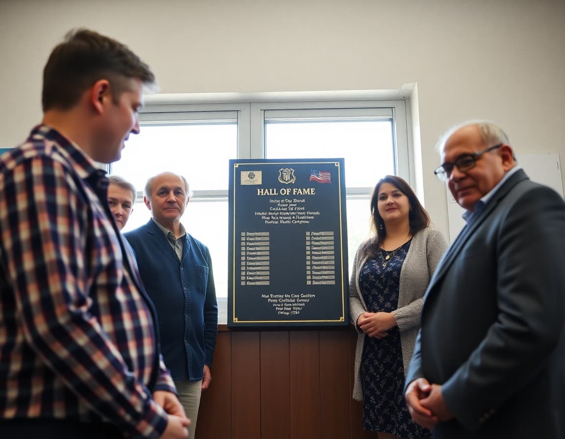 Hall of fame plaque installation ceremony with inductee family members and school principal