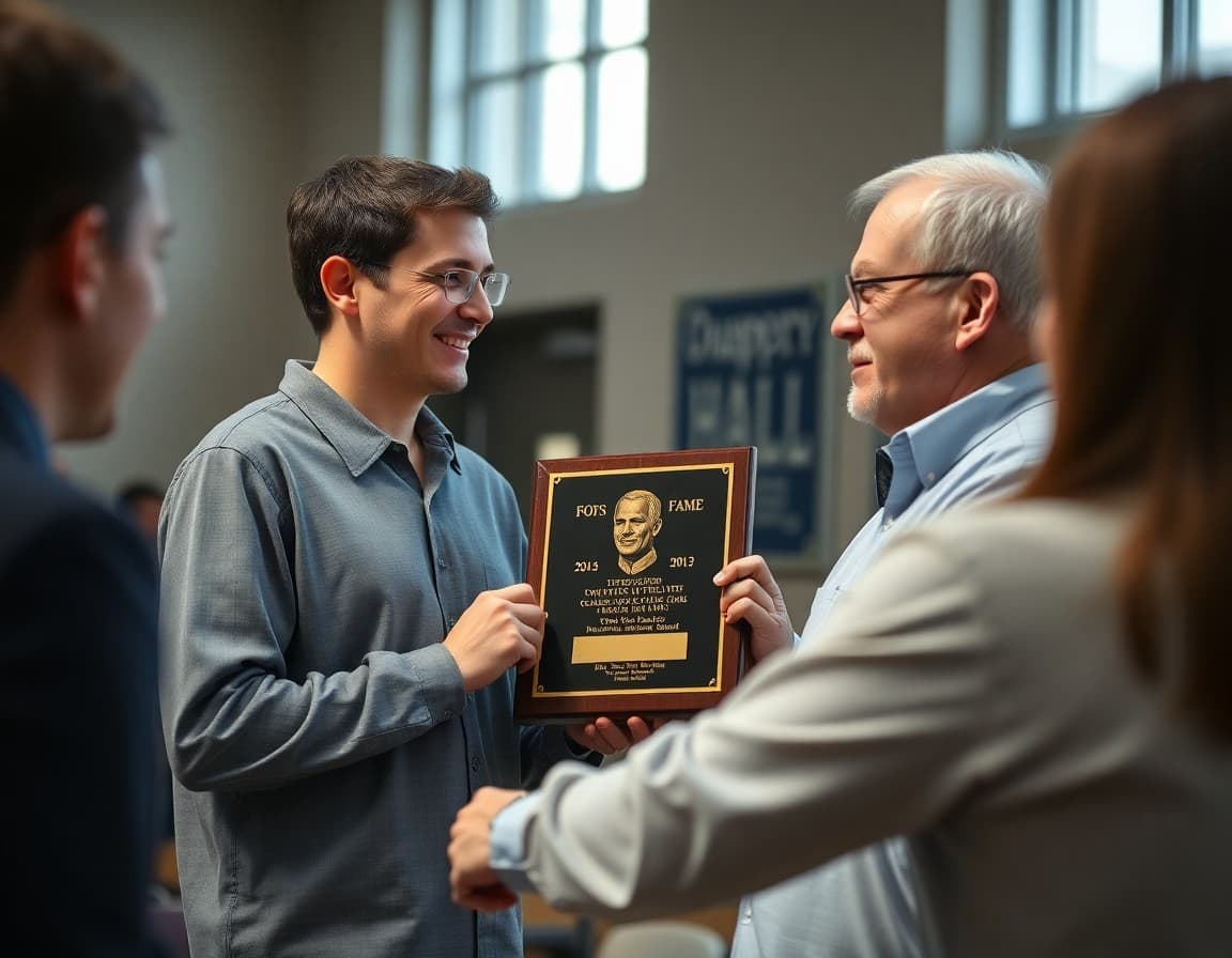Former athlete and coach being inducted into school sports hall of fame with plaque ceremony
