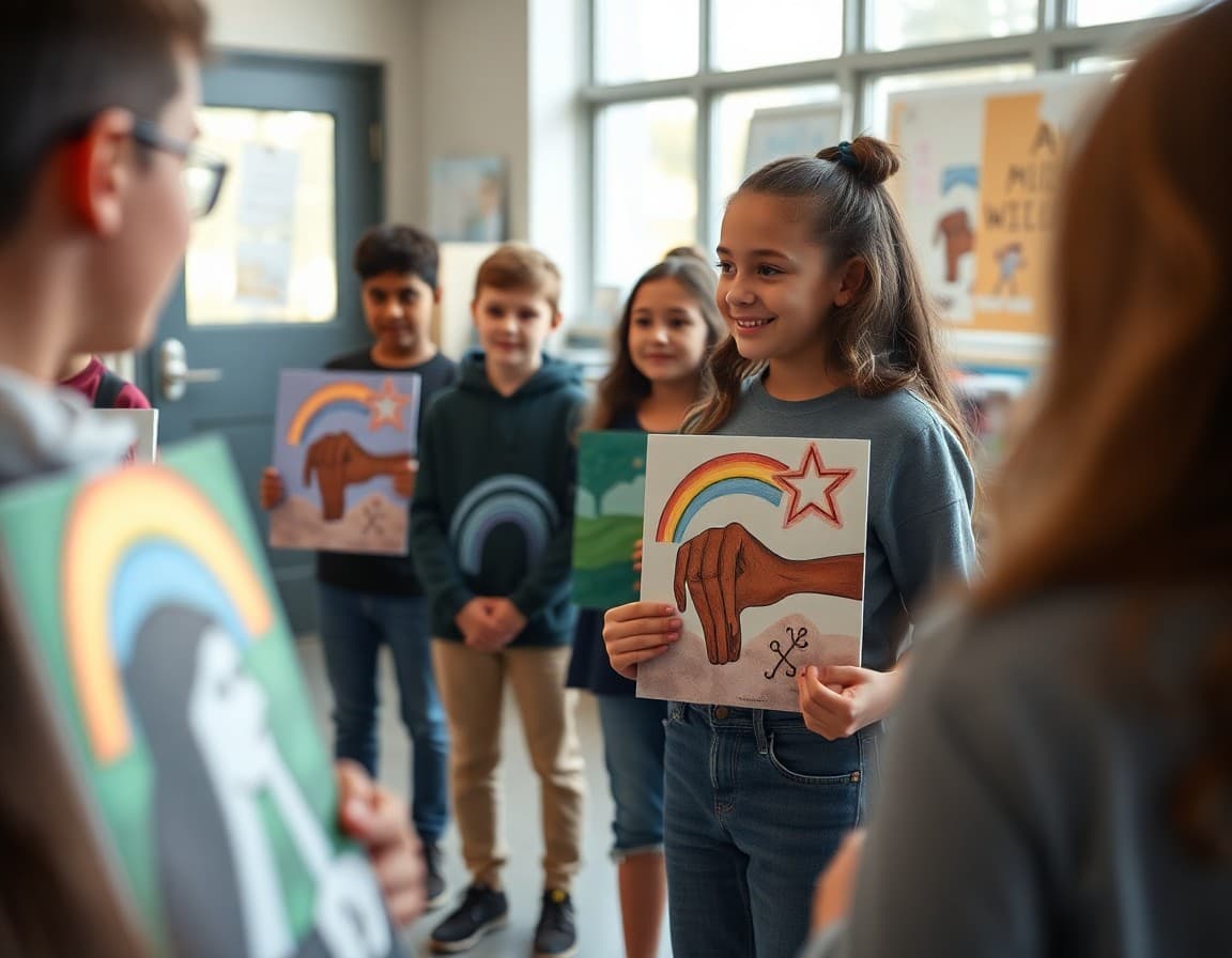 Middle school students displaying finished art projects for class critique session
