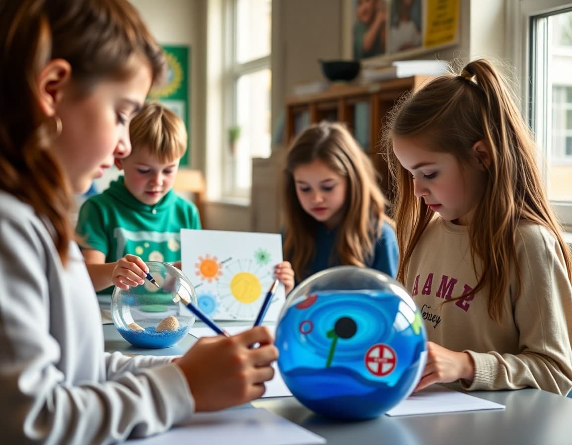 Students creating visual art projects that represent science concepts in class