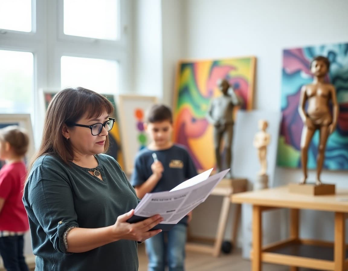 Parent reading an arts school newsletter on a tablet near student paintings and sculptures