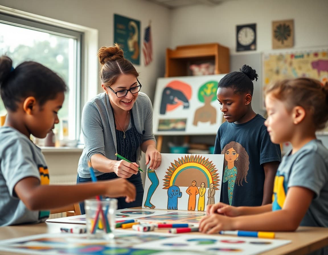 Art teacher and students working on diverse multicultural arts project in California school classroom