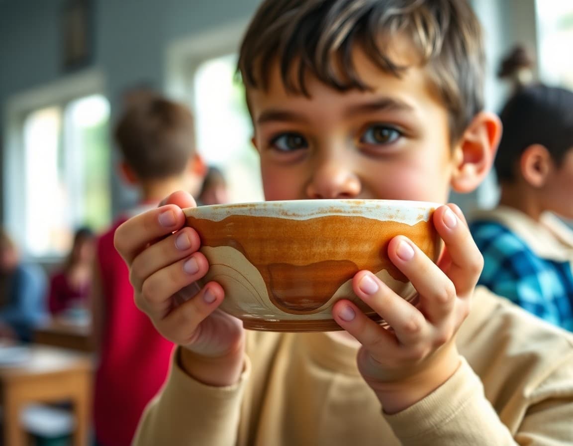 Student holding finished glazed ceramic bowl from school ceramics class project