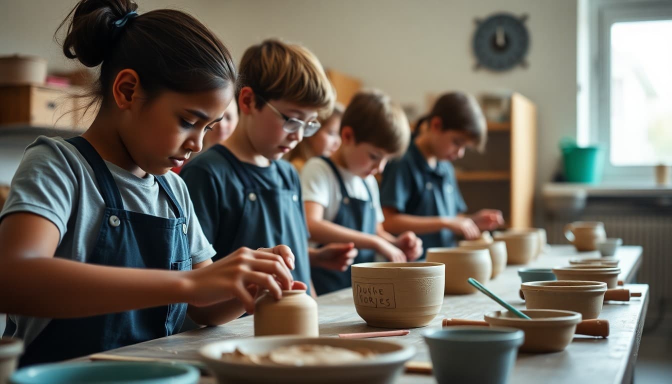 Ceramics class students working on pottery at school studio with clay and tools