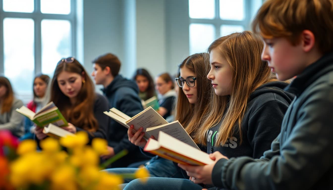 Creative writing students sharing published work at school literary event