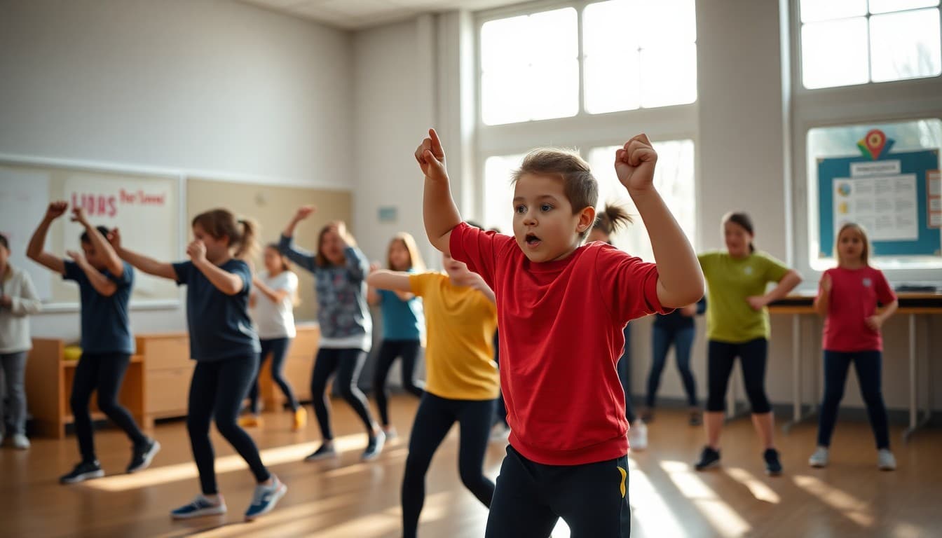 Students doing fitness exercises in February PE class during indoor winter unit