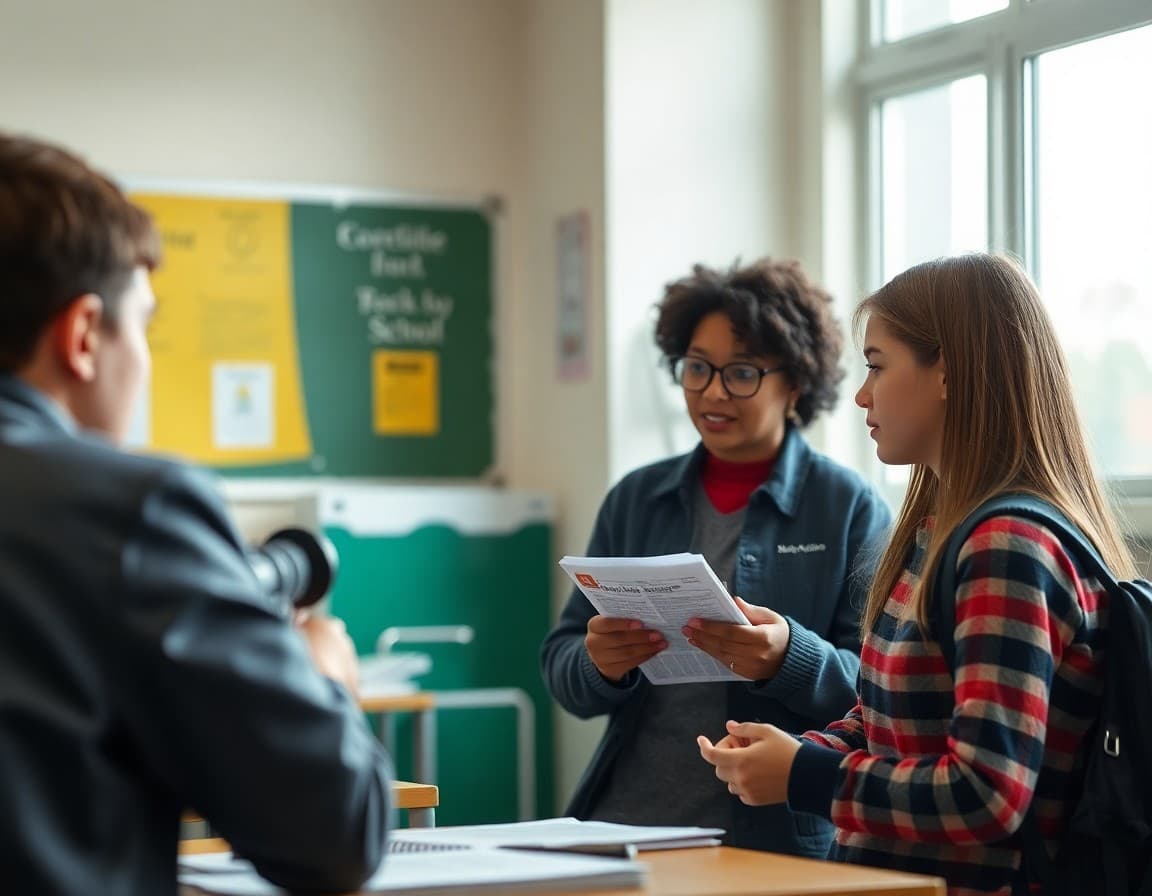 Student journalist interviewing a teacher for school newspaper story with notepad