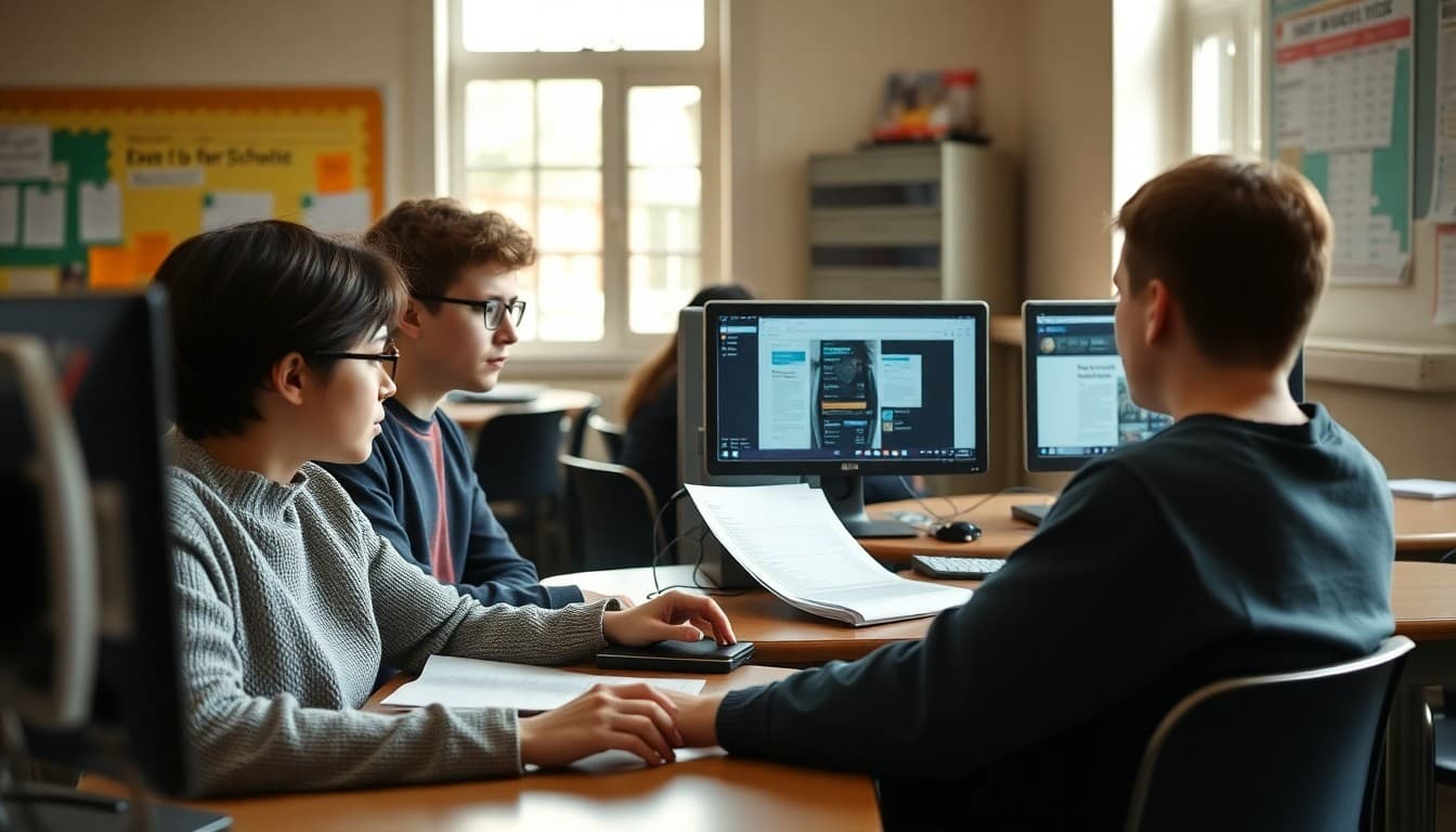 Journalism class students working on school newspaper edition at computers