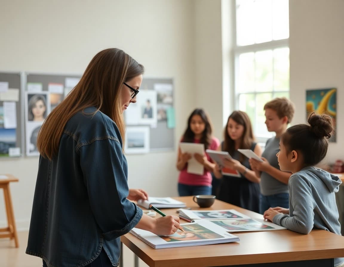 Art teacher reviewing final portfolio projects with students during May art class