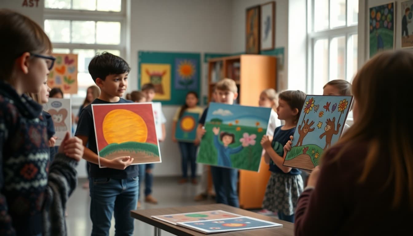 Students presenting finished artwork at spring art show in May with families attending