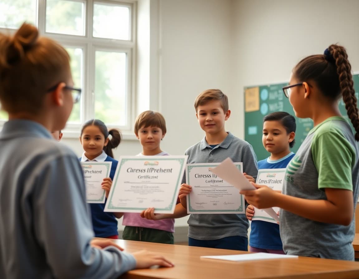 PE teacher presenting fitness improvement certificates to students in May