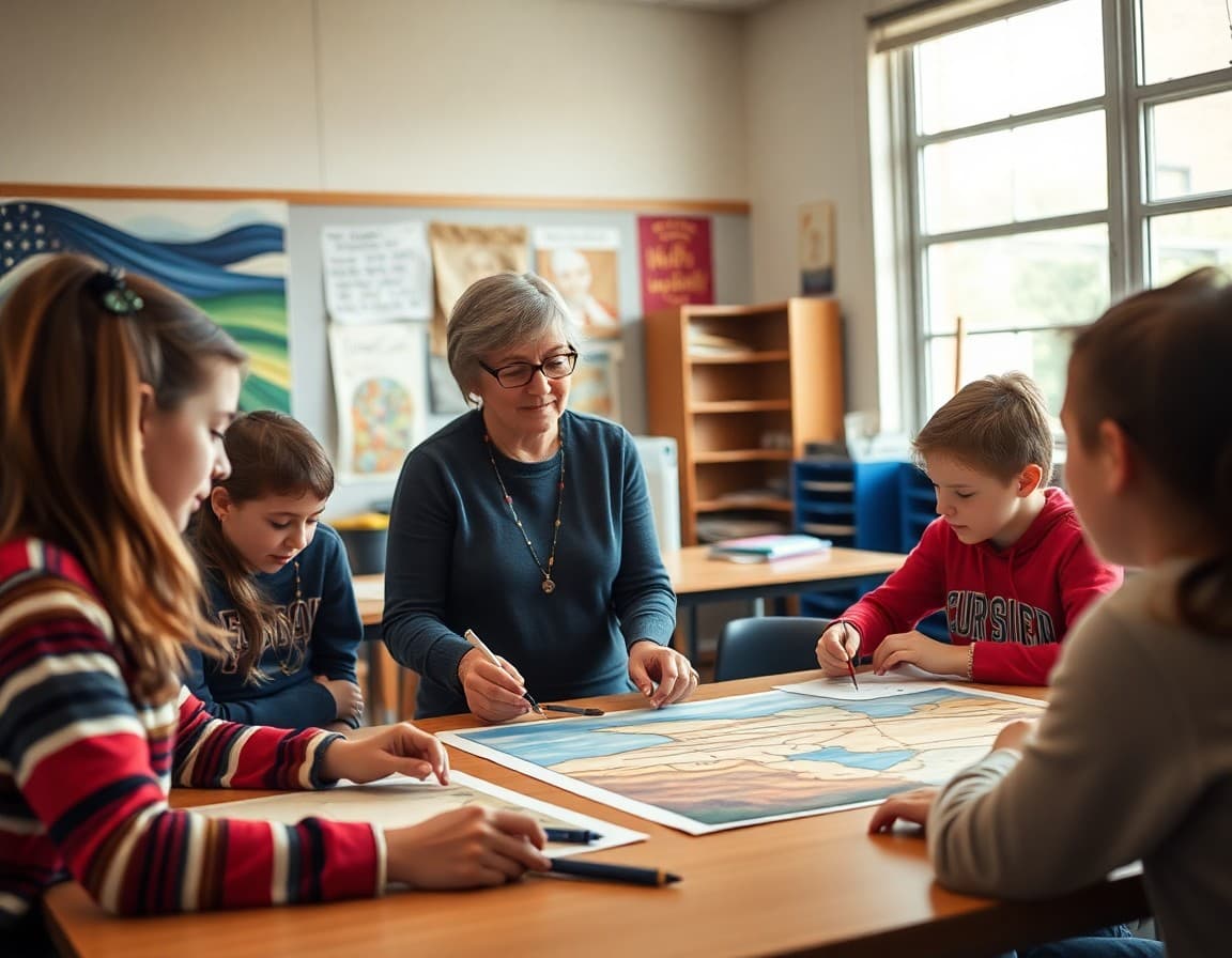Art teacher and students working on Gateway state arts project in Missouri school classroom