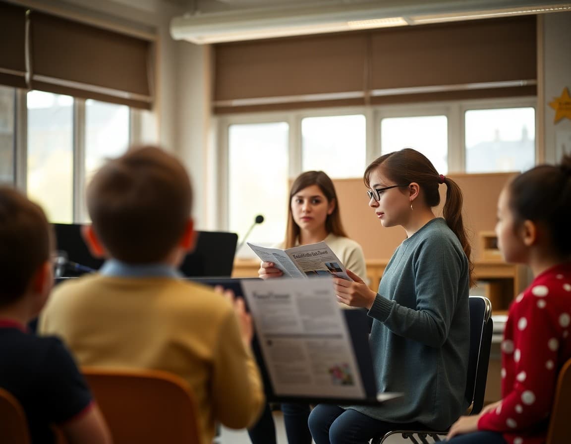 Music teacher sharing monthly newsletter updates with students during rehearsal