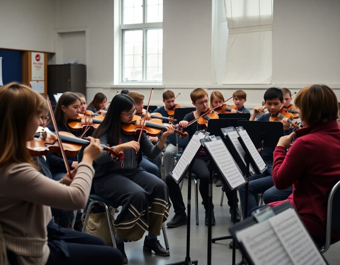 String section of school orchestra practicing in rehearsal room with music stands