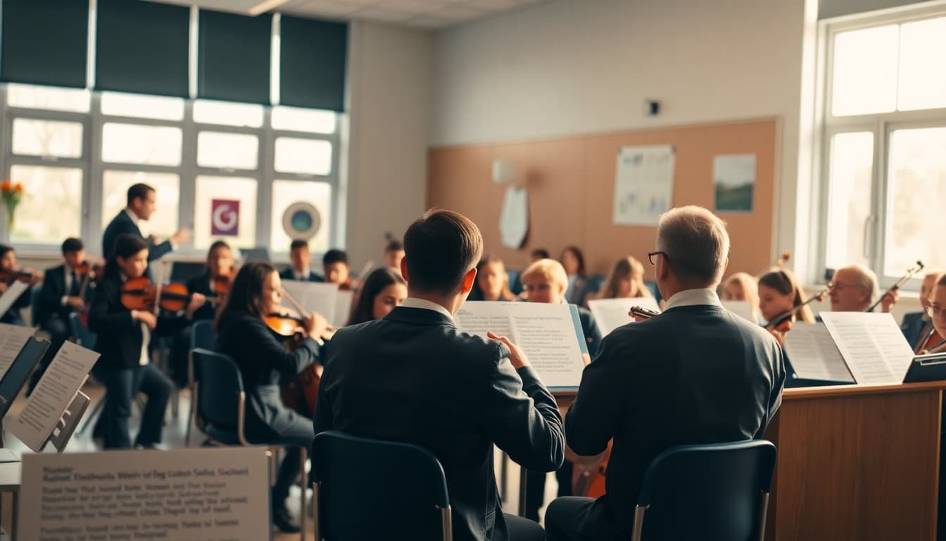School orchestra rehearsing for concert season with conductor leading from podium
