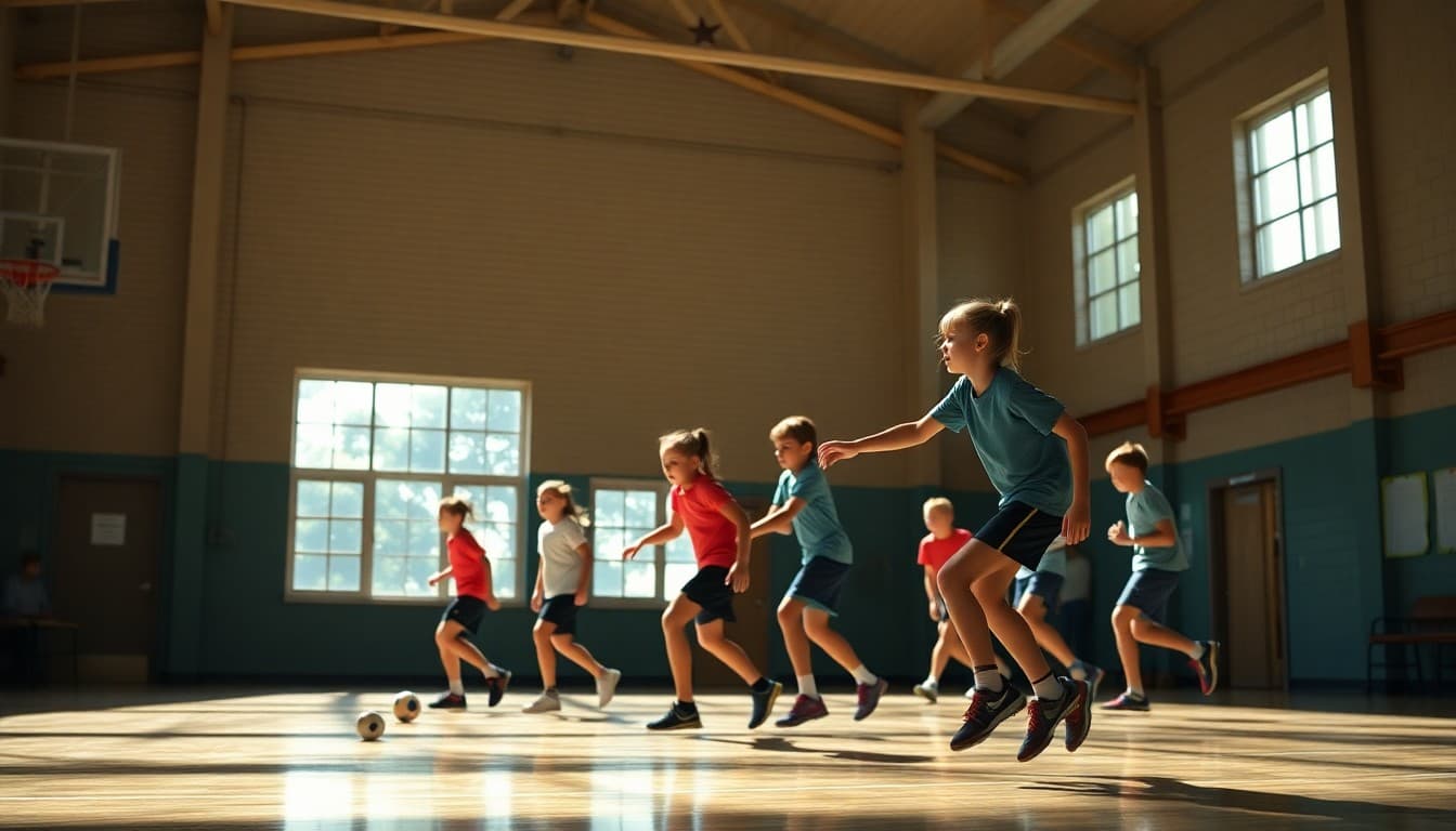 Students in September PE class playing outdoor games in school gymnasium setting