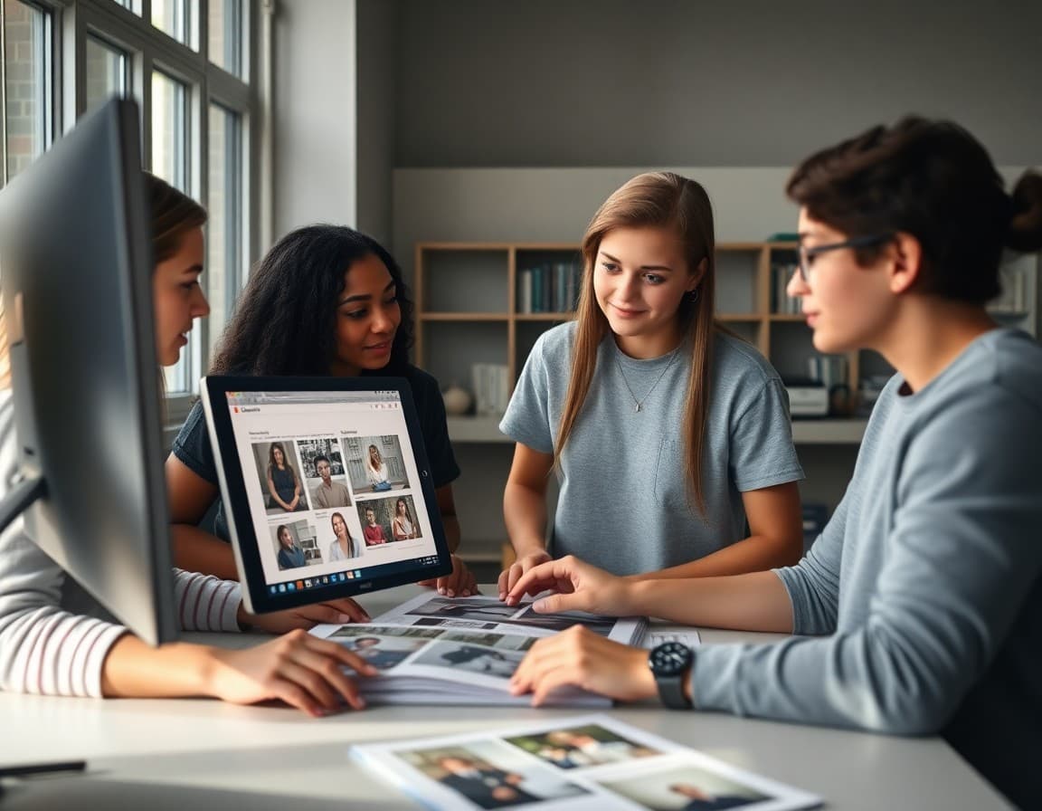 Yearbook staff reviewing page layouts on computer during yearbook design production