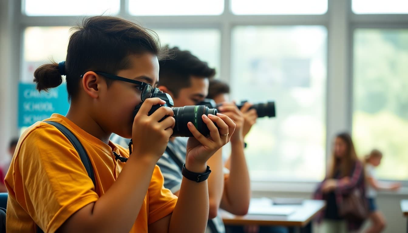 Yearbook class students photographing school events for yearbook production