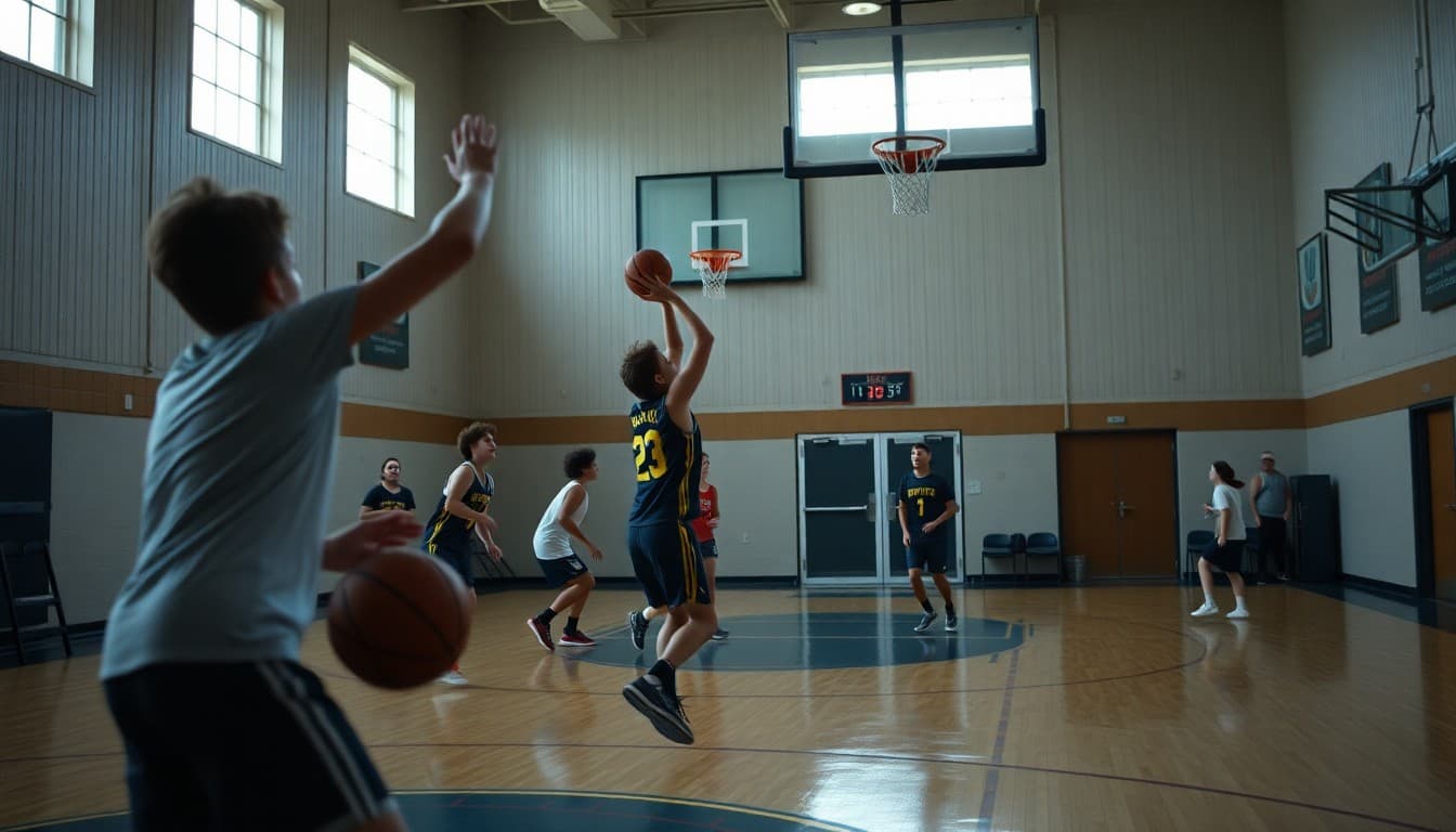 Alaska high school athletes competing in indoor basketball in a remote school gymnasium