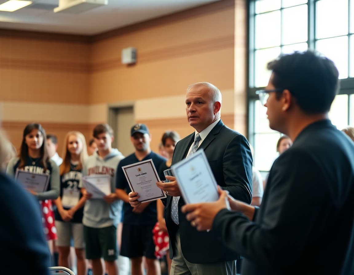 Athletic director presenting awards at a spring sports banquet with athletes and families in attendance