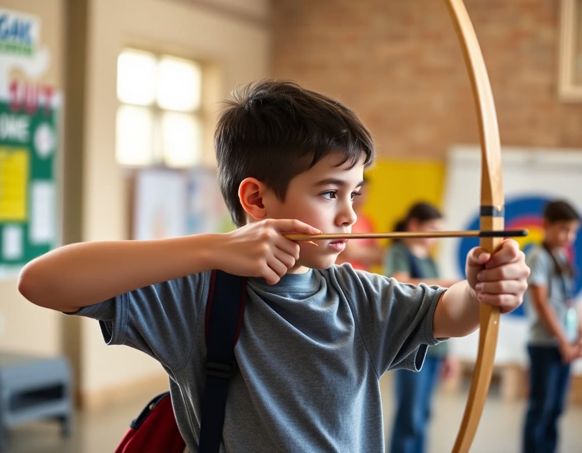 Archery club student aiming at target with proper form during school competition