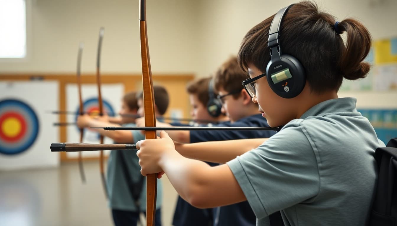 School archery club students practicing at an indoor range with coach observing form
