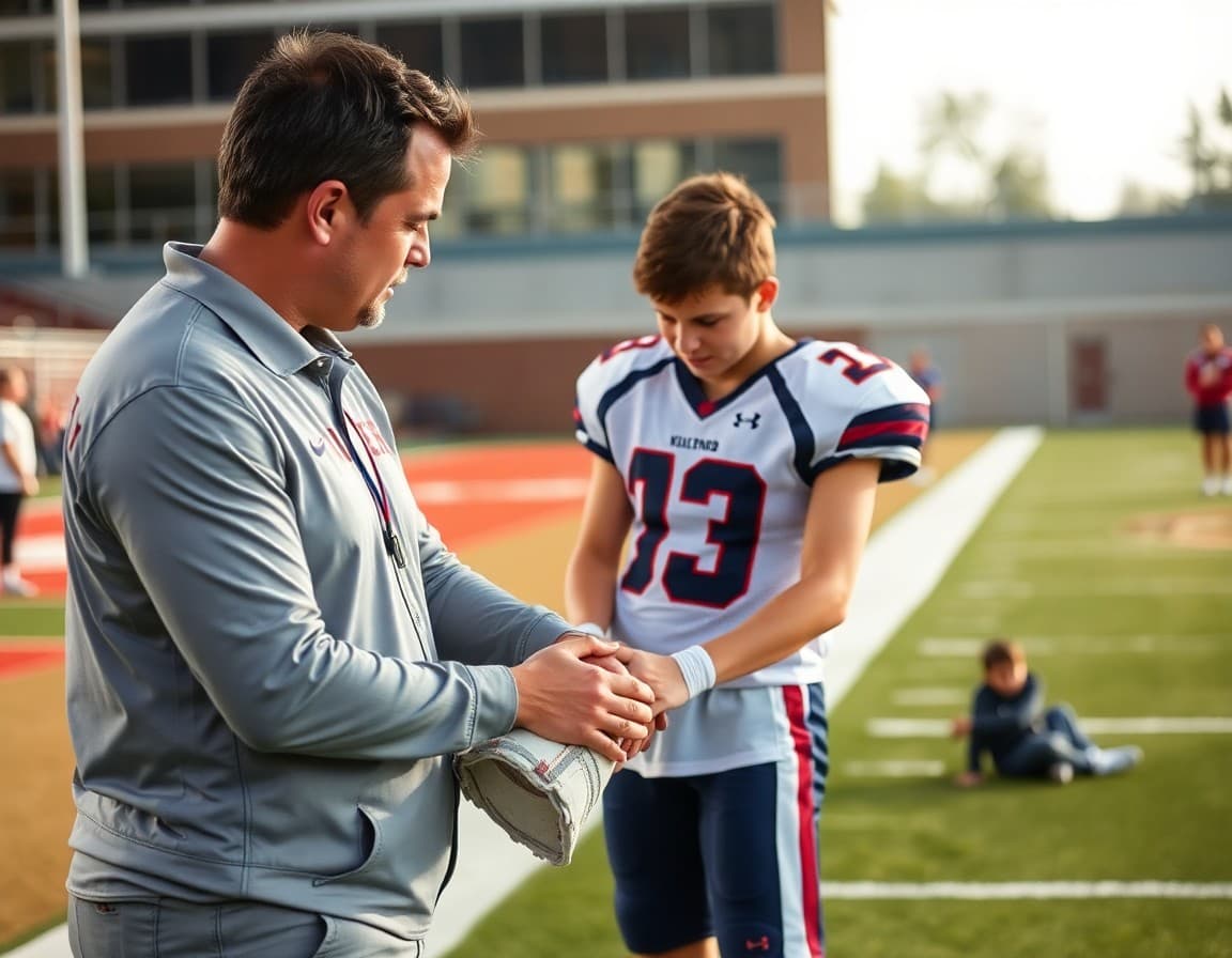 Athletic trainer assessing student athlete's knee injury on sideline during practice