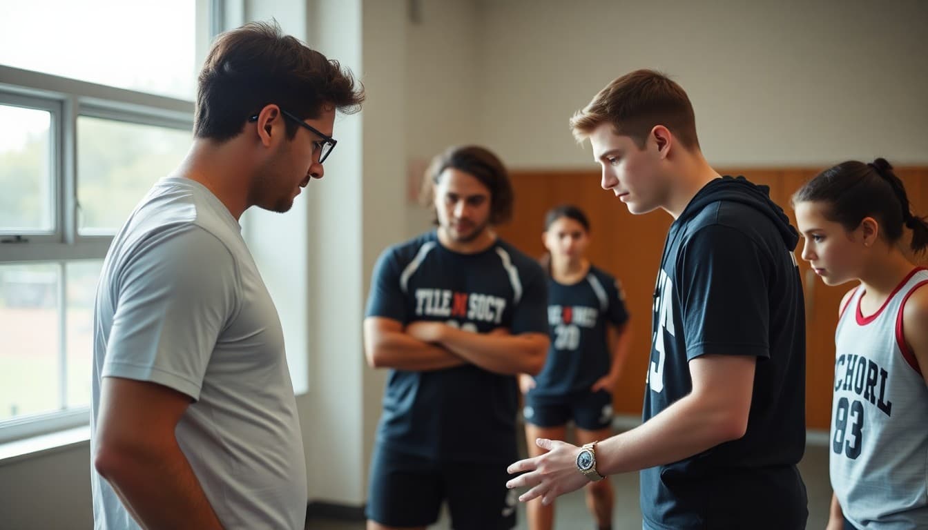 School athletic trainer reviewing injury prevention techniques with student athletes at practice