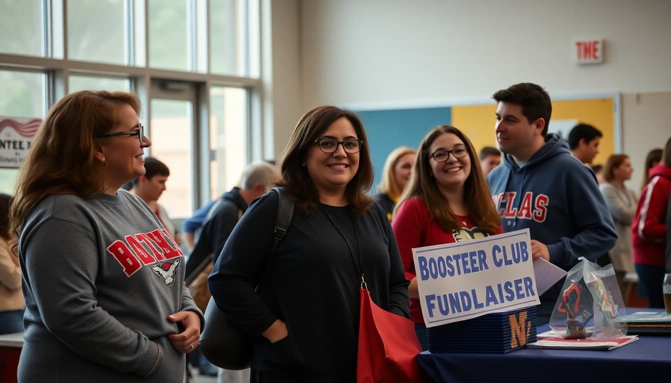 Booster club parents supporting school athletics at fundraiser event with banner and table