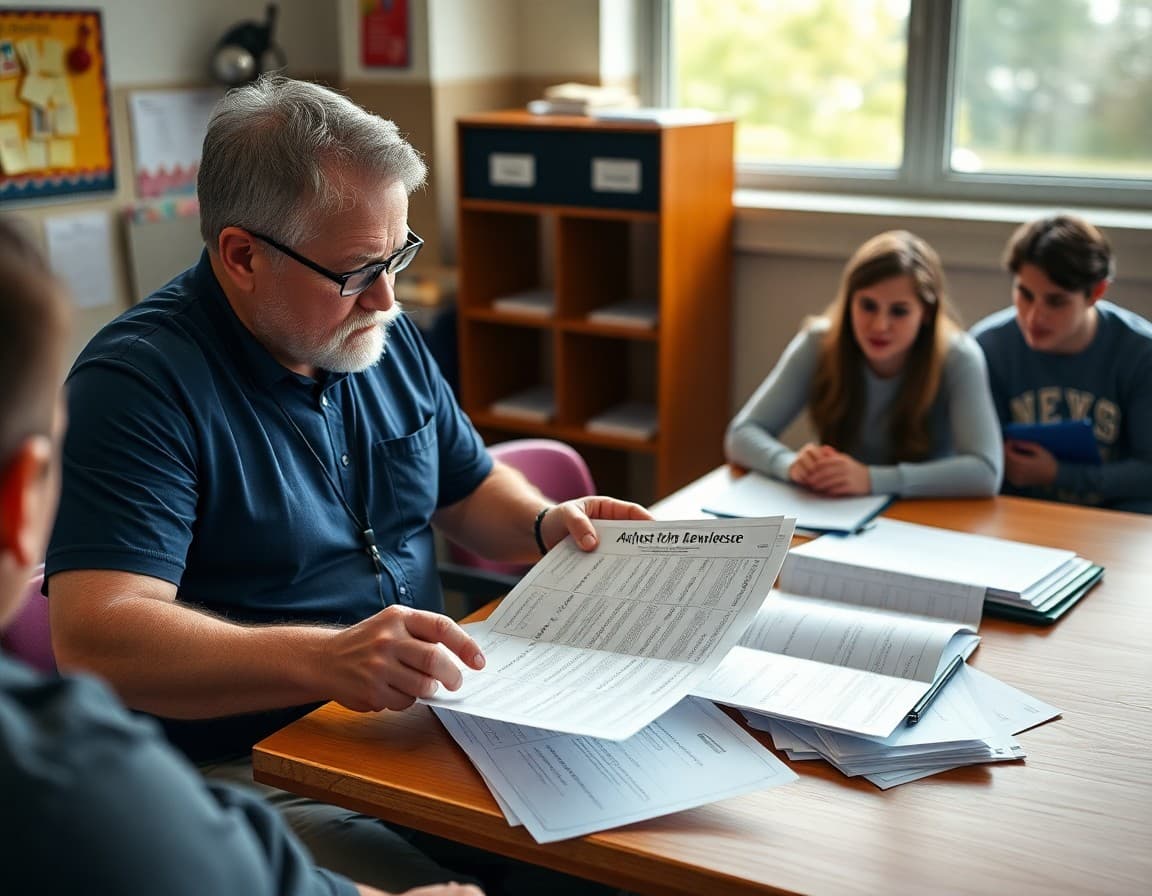 Athletic director reviewing sports schedules and clearance forms for August newsletter communication