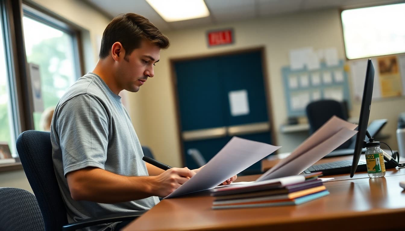 Athletic director writing August newsletter in school athletic office before fall sports season