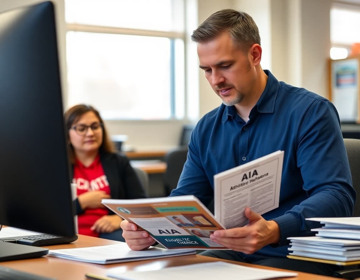 Athletic director reviewing AIA eligibility handbook in a Phoenix area school office
