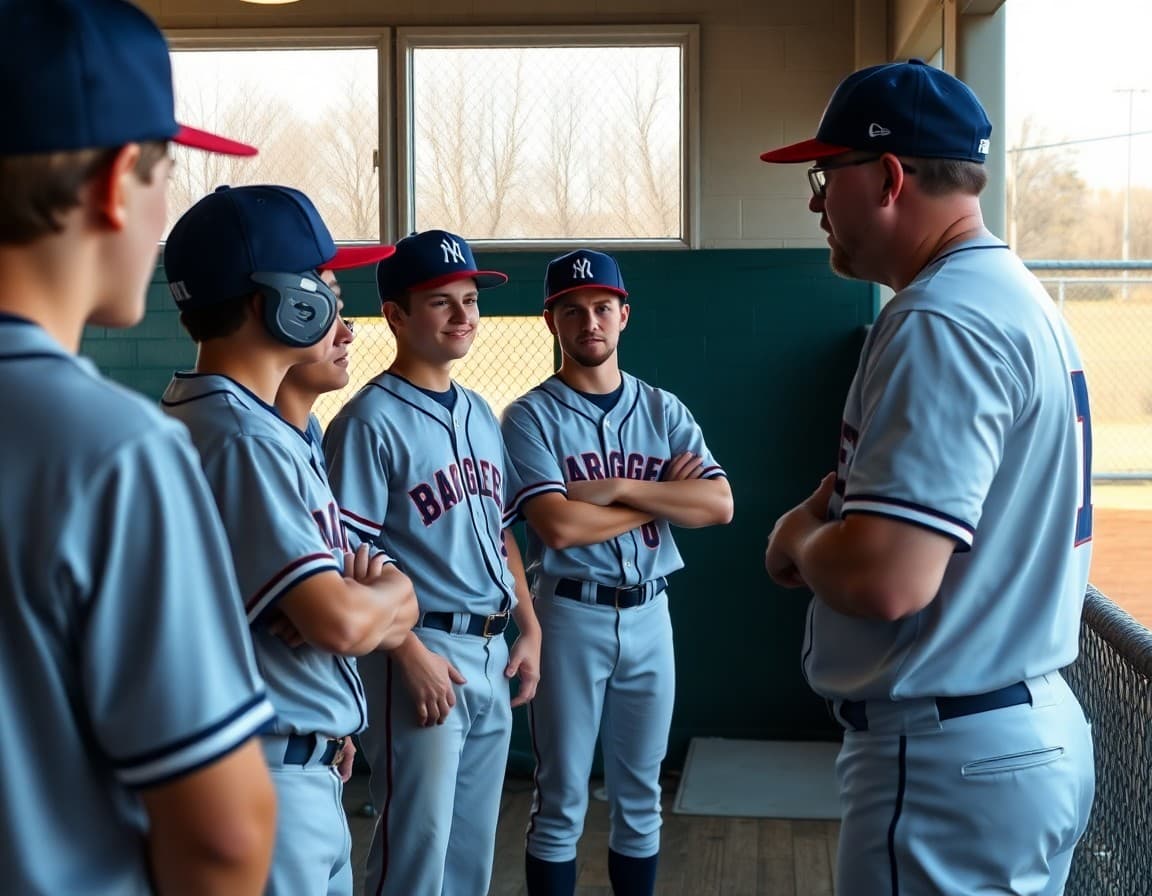 Baseball coach reviewing lineup with players in dugout during fall practice