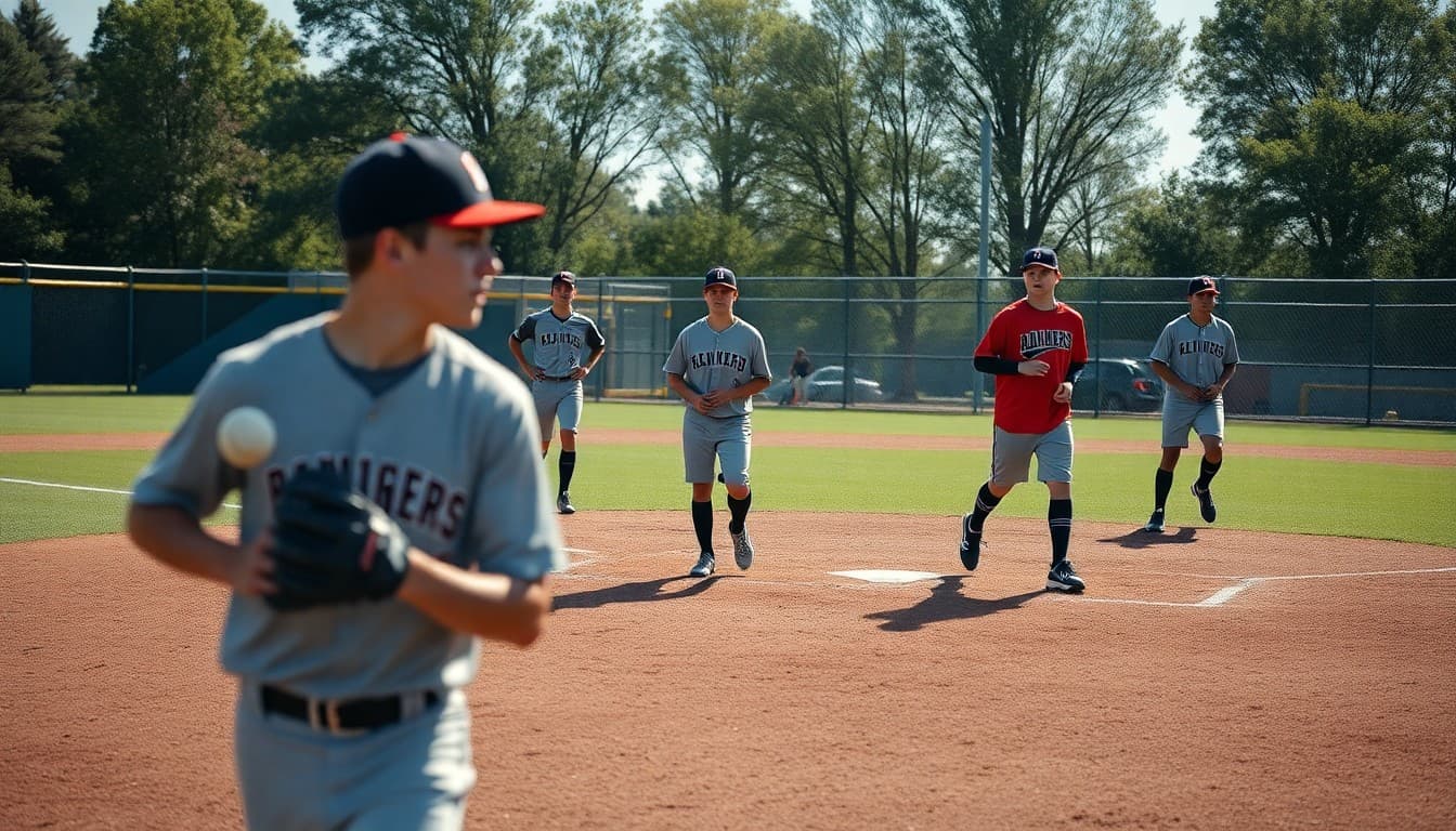 High school baseball players in fall conditioning practice on a diamond in August