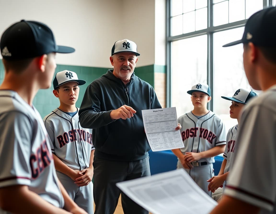 Baseball coach reviewing spring schedule with players at indoor winter practice