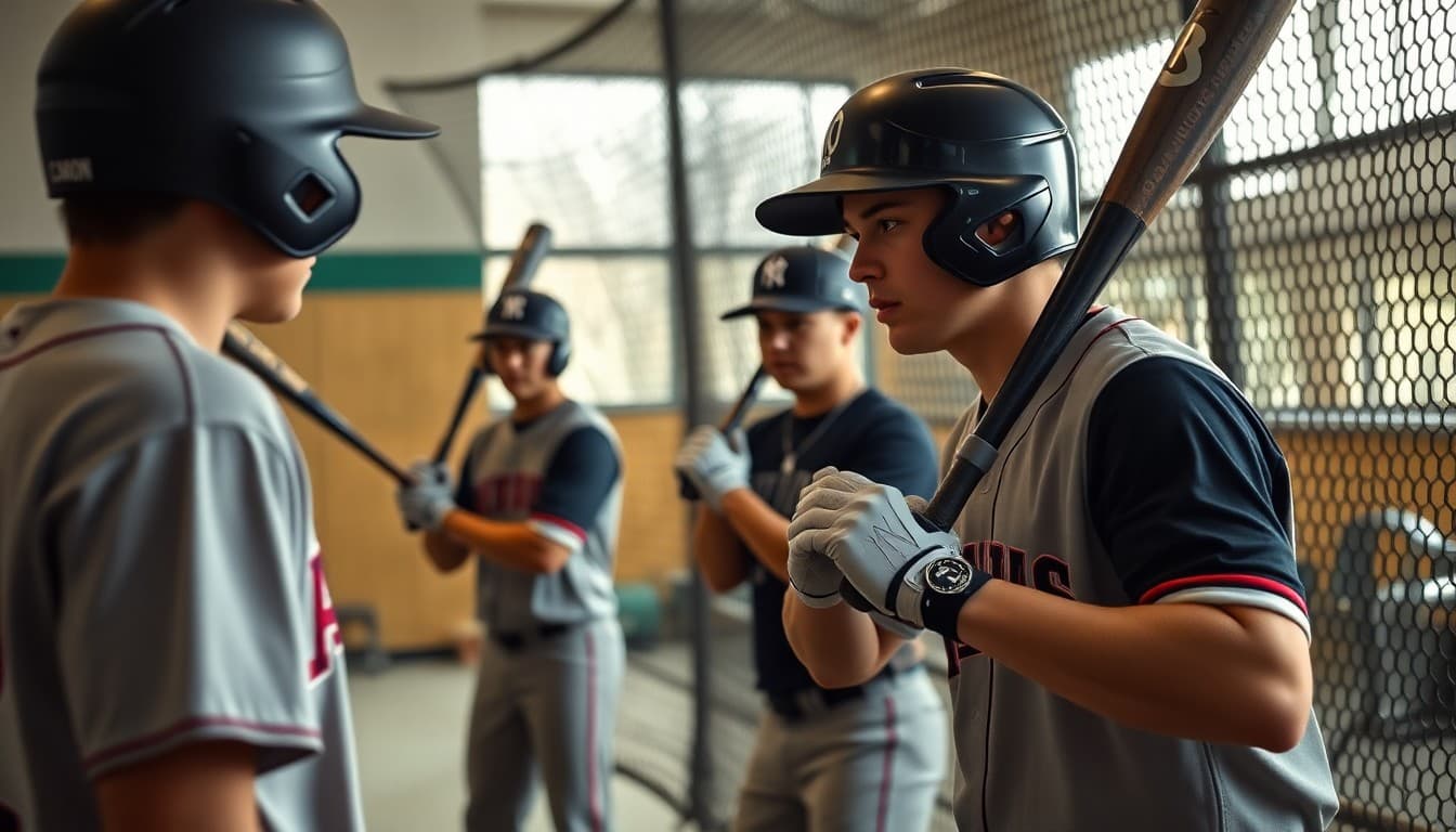 Baseball players in indoor batting cage session preparing for spring season in January