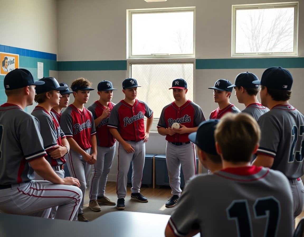 Baseball team gathered around coach for final fall practice debrief