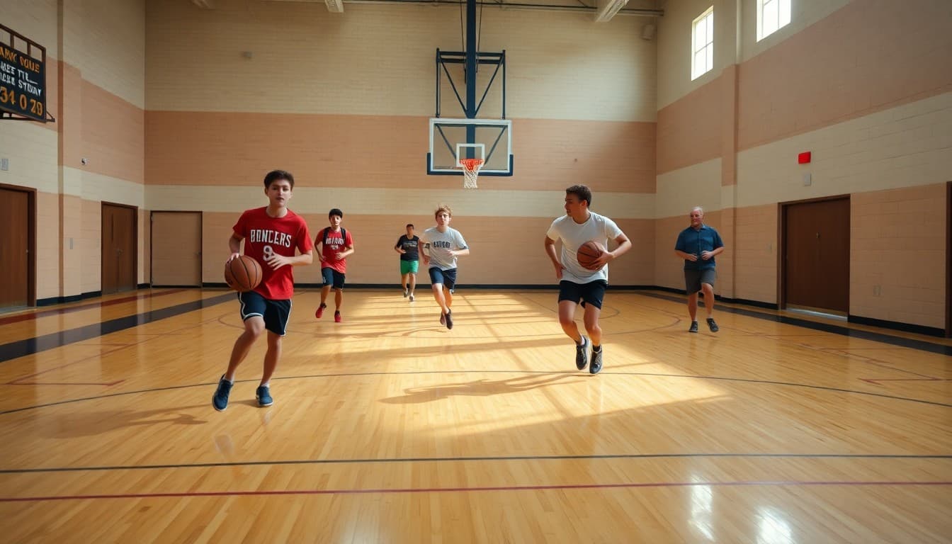 High school basketball players running drills at open gym in August