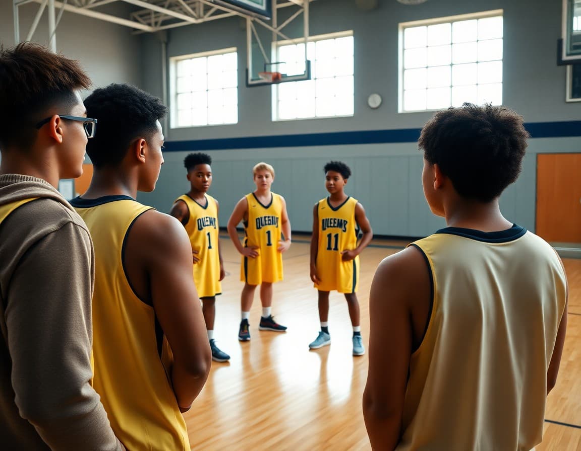 Basketball players in a practice timeout receiving coaching instructions in January