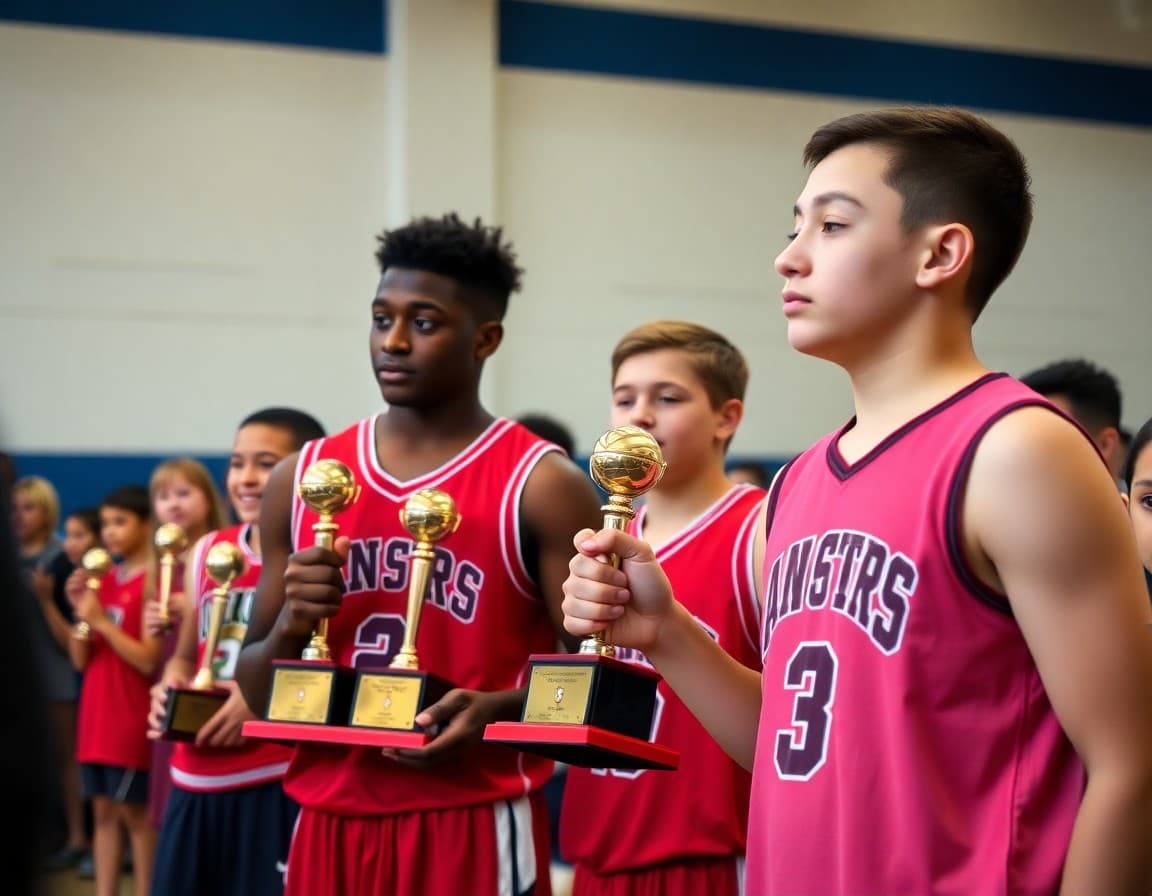 Basketball players receiving trophies at end-of-season awards ceremony