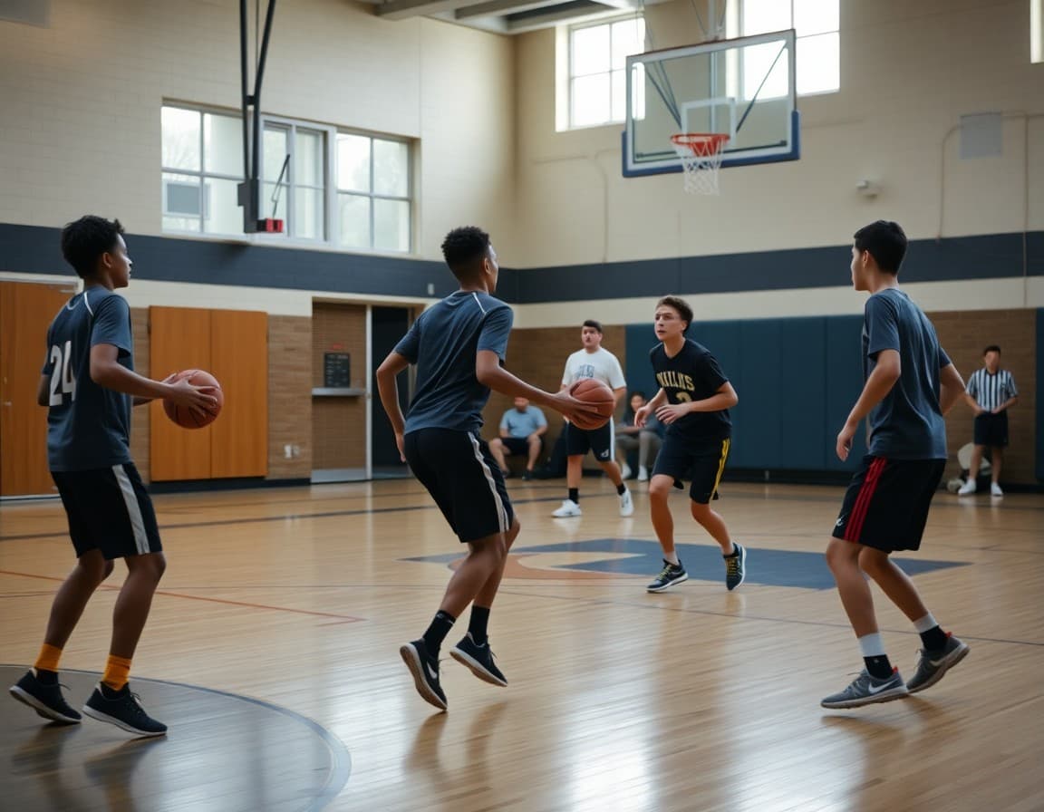 Basketball players competing in an open gym scrimmage in October