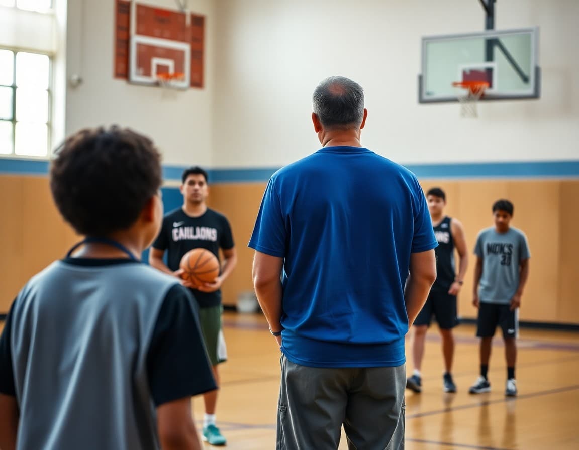 Basketball coach watching players scrimmage at an informal open gym session