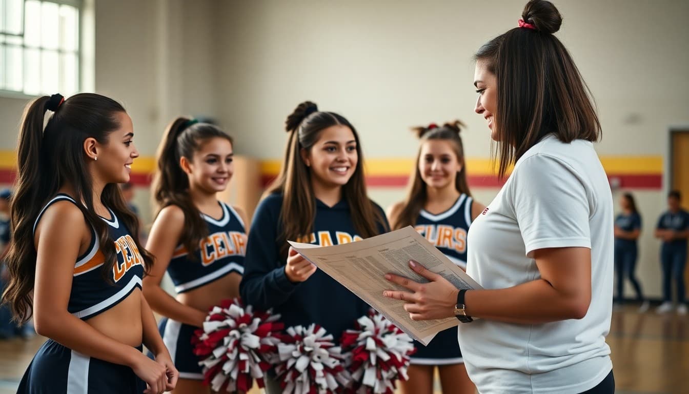 Cheerleaders at practice with coach distributing season newsletter to athletes and families