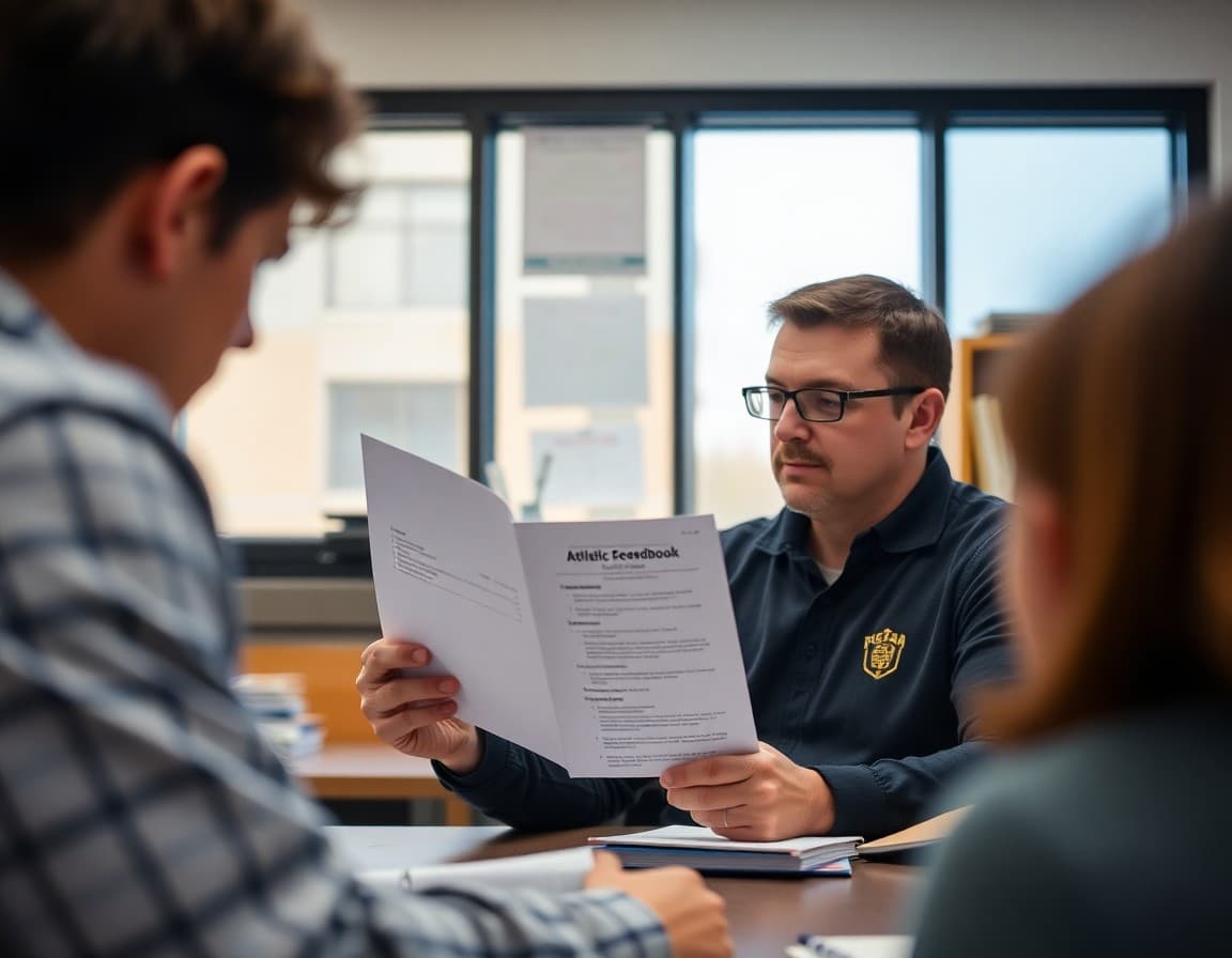 Athletic director reviewing CHSAA handbook in a Colorado high school office